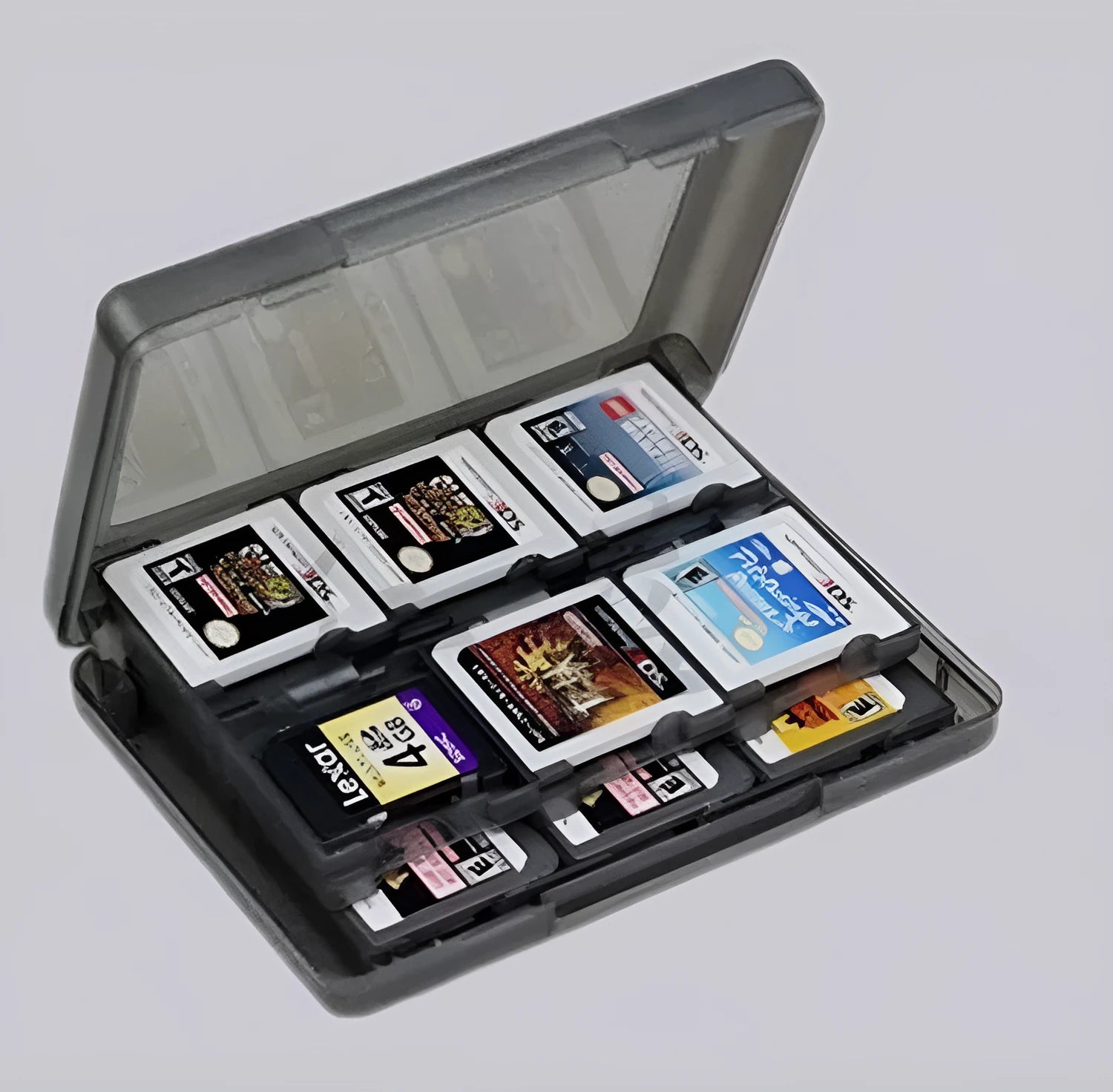 NDS 3DS game card storage box holding multiple cartridges in black plastic case