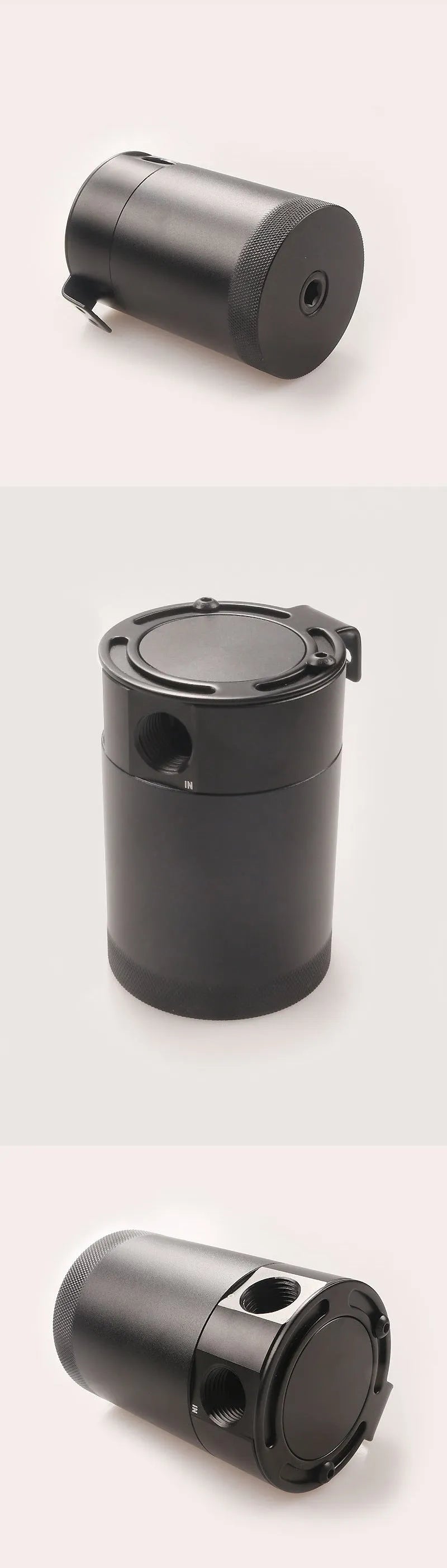 Black aluminium automotive oil pot with connectors and installation hardware