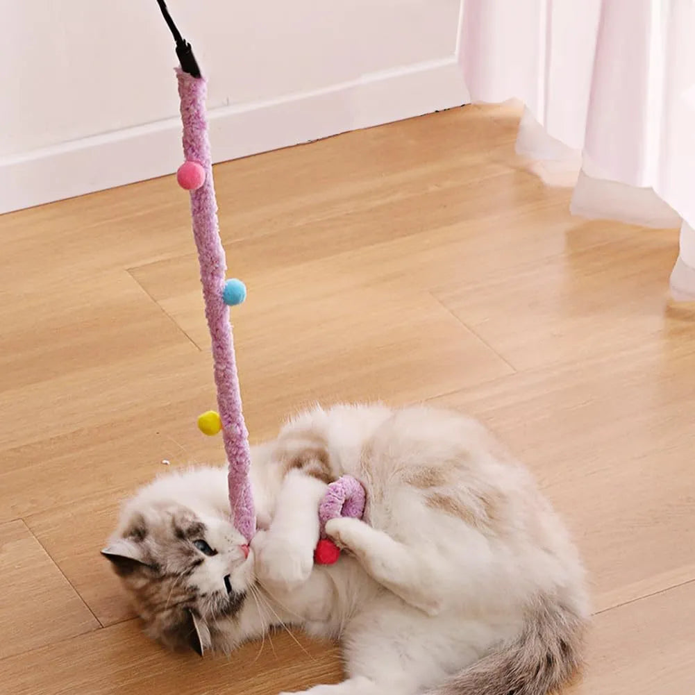 Cat wand toy with colourful feather and bell plush strip on 41cm pole