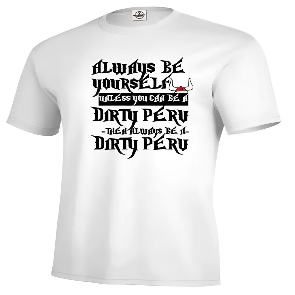 Men's solid white printed short sleeve polyester t-shirt on a hanger, showing straight cut casual fit.