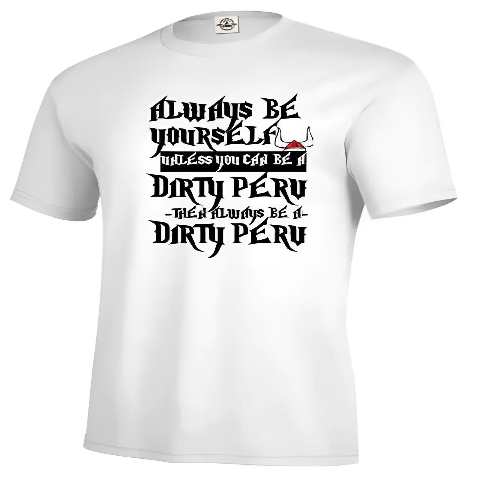 Men's solid white printed short sleeve polyester t-shirt on a hanger, showing straight cut casual fit.