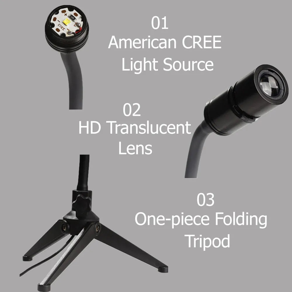 Earth and Moon projection lamp with flexible hose bracket on a table, showing USB cable.