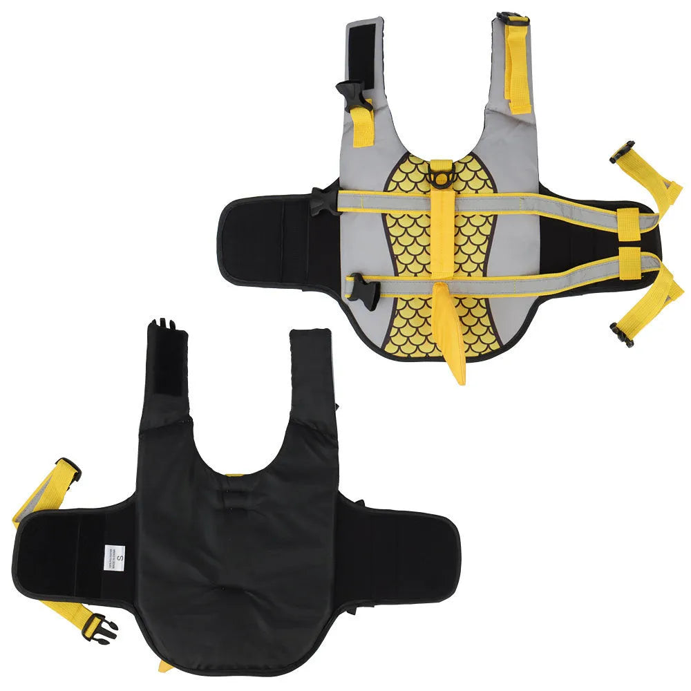 Dog life jacket vest in blue with back lift handle and metal leash ring, ripstop Oxford cloth and EPE filling.