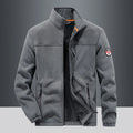 Men's grey thick fleece cardigan jacket with zipper pockets on a solid colour background.