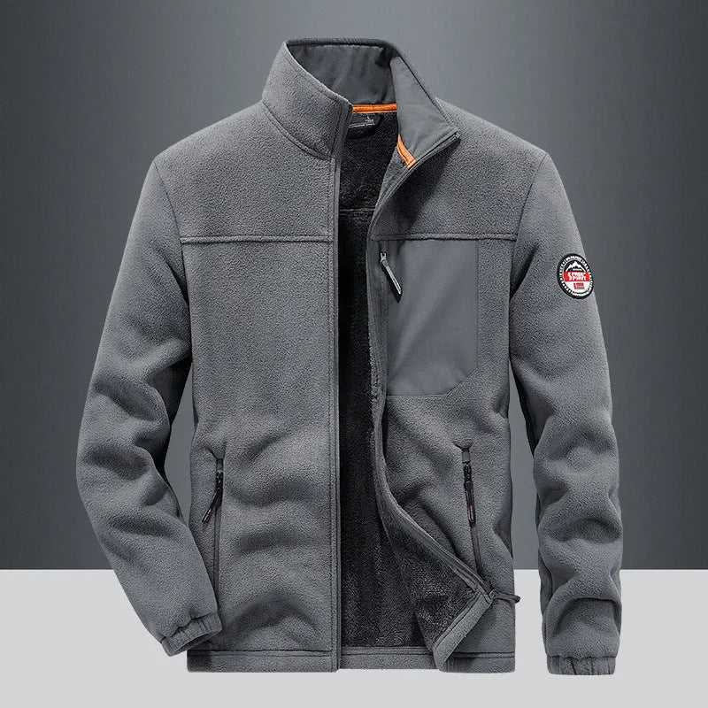 Men's grey thick fleece cardigan jacket with zipper pockets on a solid colour background.
