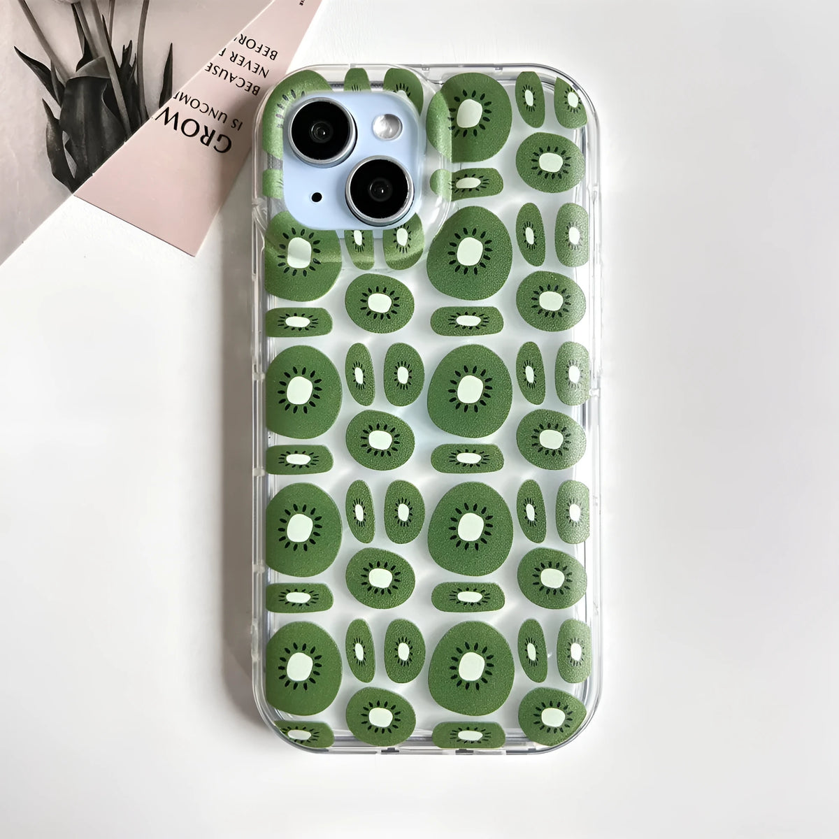 Transparent sliced kiwi fruit phone case for iPhone 11 to 16 series, TPU all-inclusive cover.