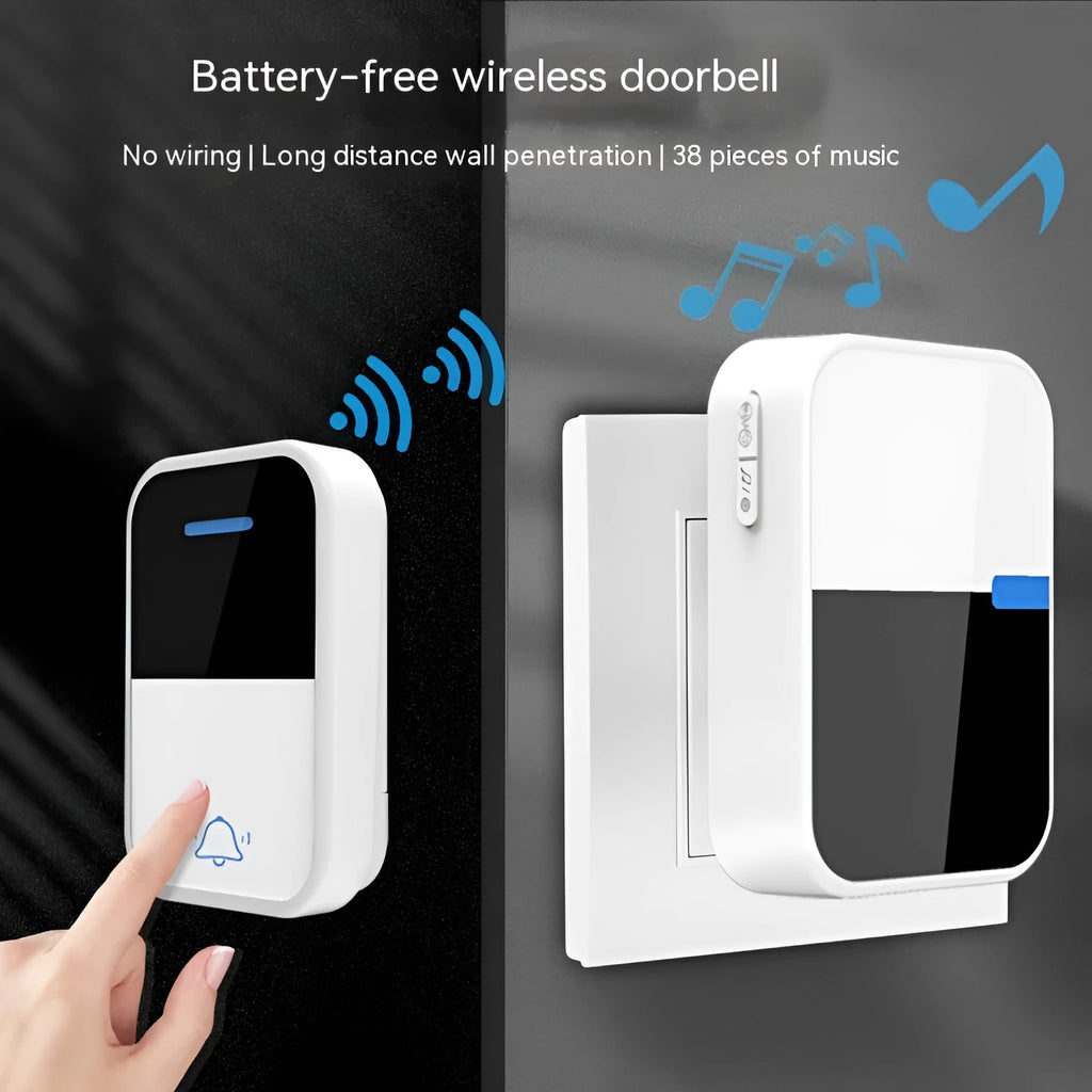 Modern white plastic wireless doorbell kit with receiver and beeper units on a plain background.