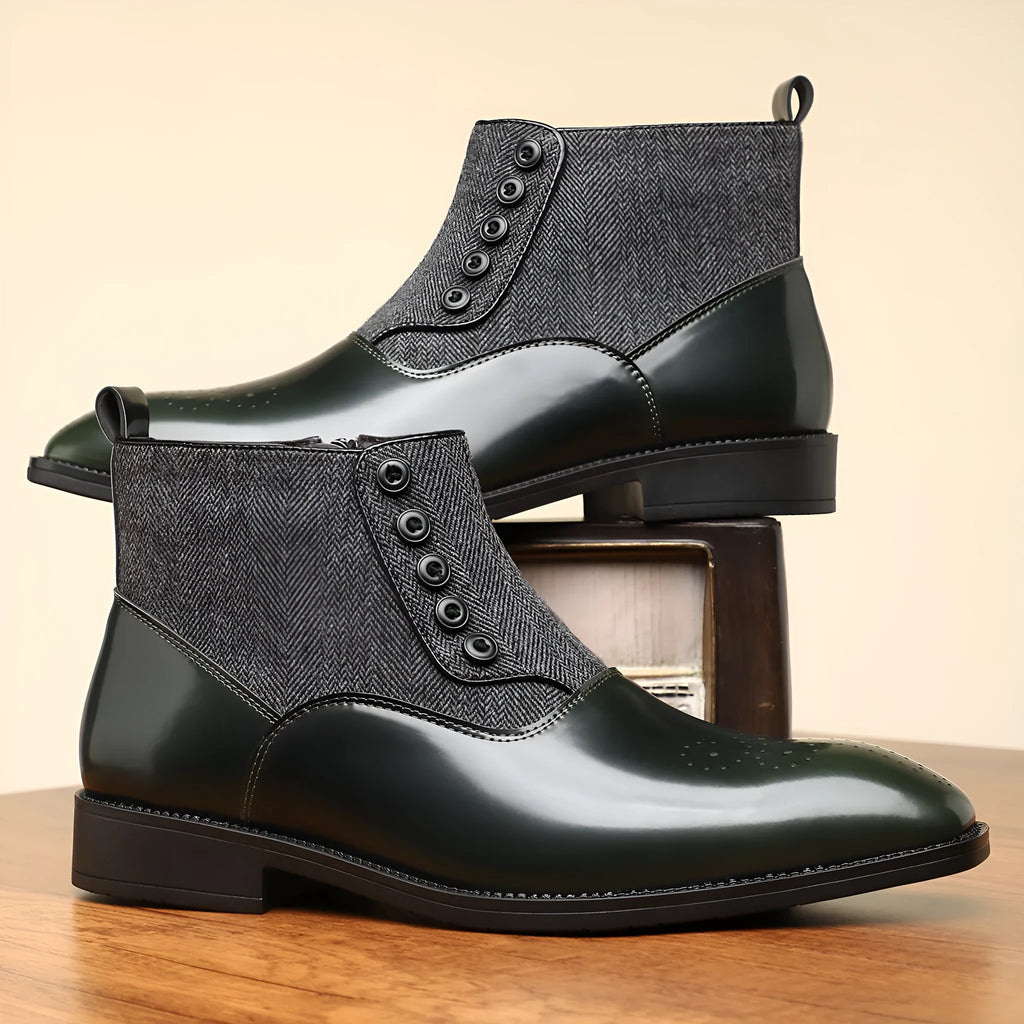 Brown men's formal shoes with square toe, side zipper, and low square heel on a rubber sole.