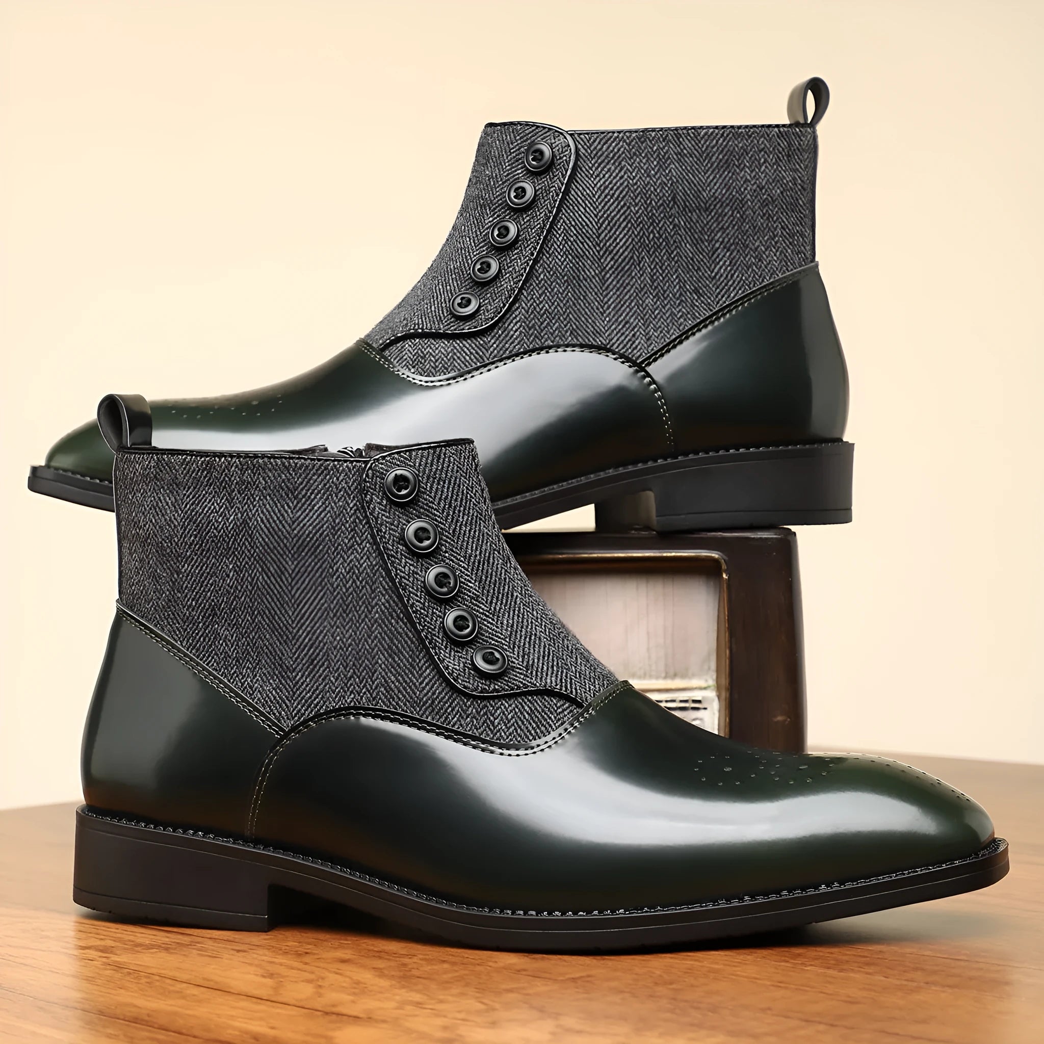 Brown men's formal shoes with square toe, side zipper, and low square heel on a rubber sole.