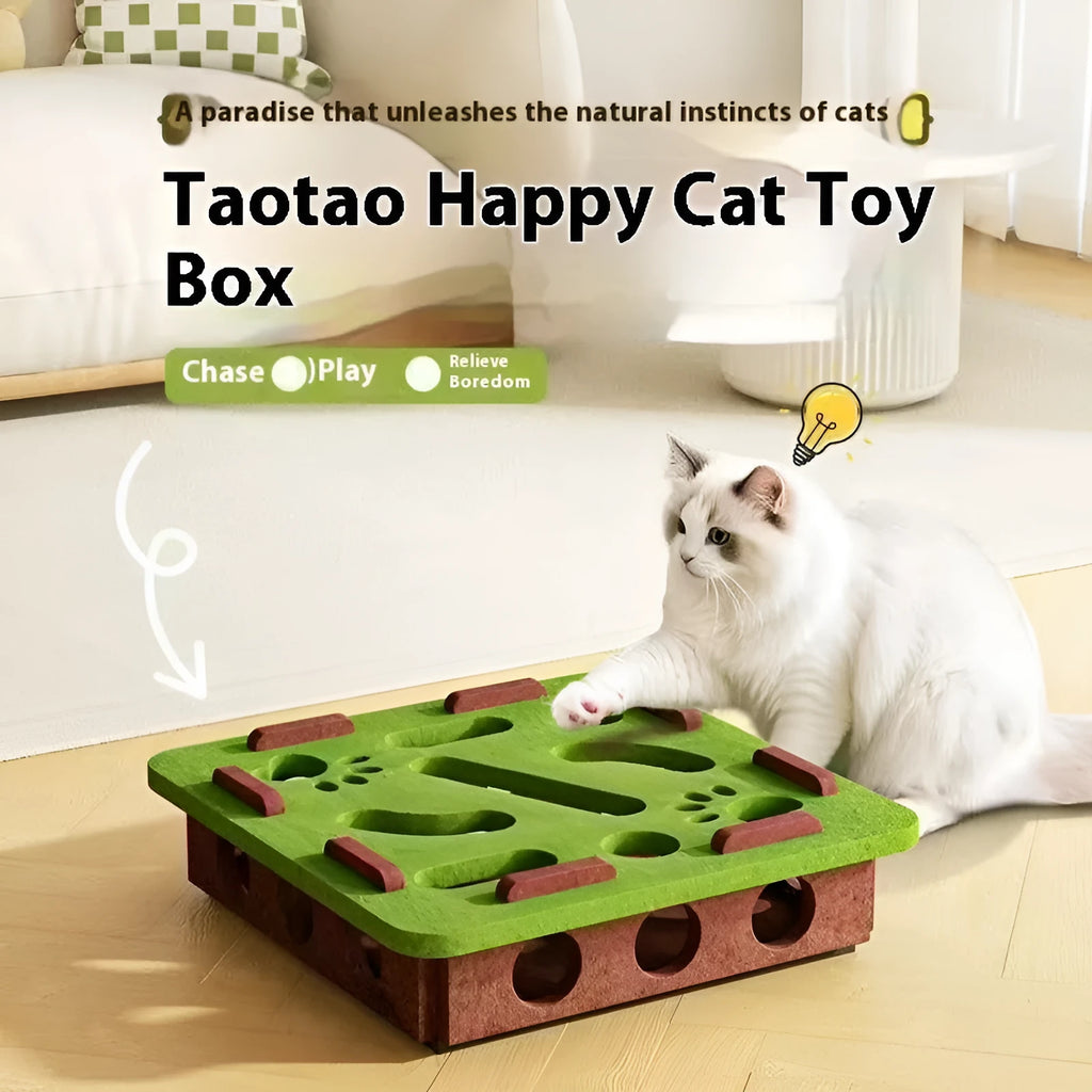 Square felt cat toy box with centre hole in green brown colour