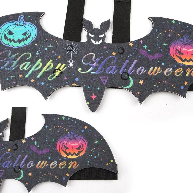 Halloween costume for cats featuring bat wings, made from felt, shown in various colours.