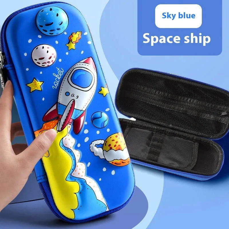 3D leather pencil case with zipper closure showing character design options including astronauts, unicorns, and mermaids