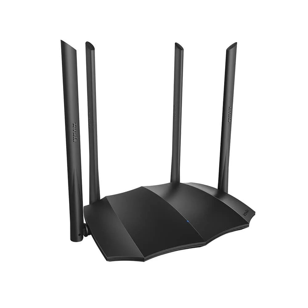 Black AC8 gigabit dual-band wireless router showing three Ethernet ports on back panel