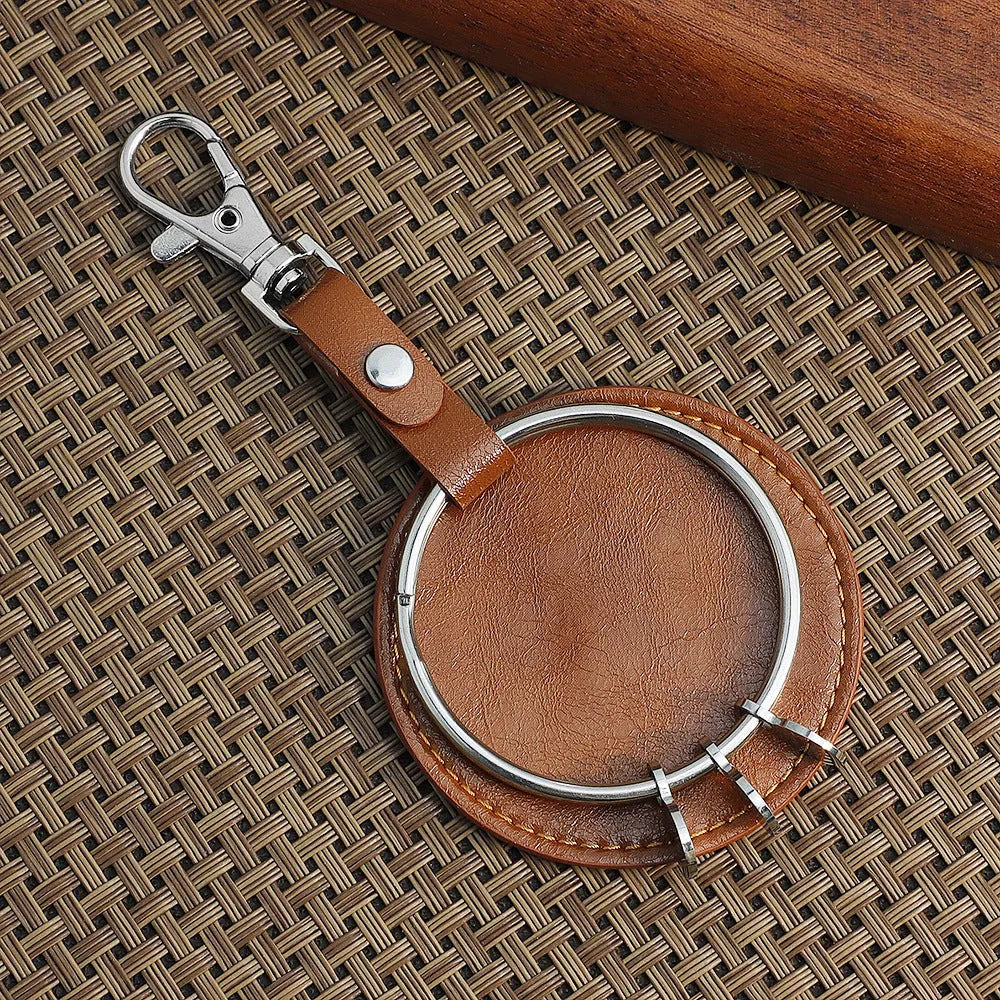Round genuine leather keychain pendant with cross crown Roman numerals design steel-coloured gloss finish stainless steel key ring