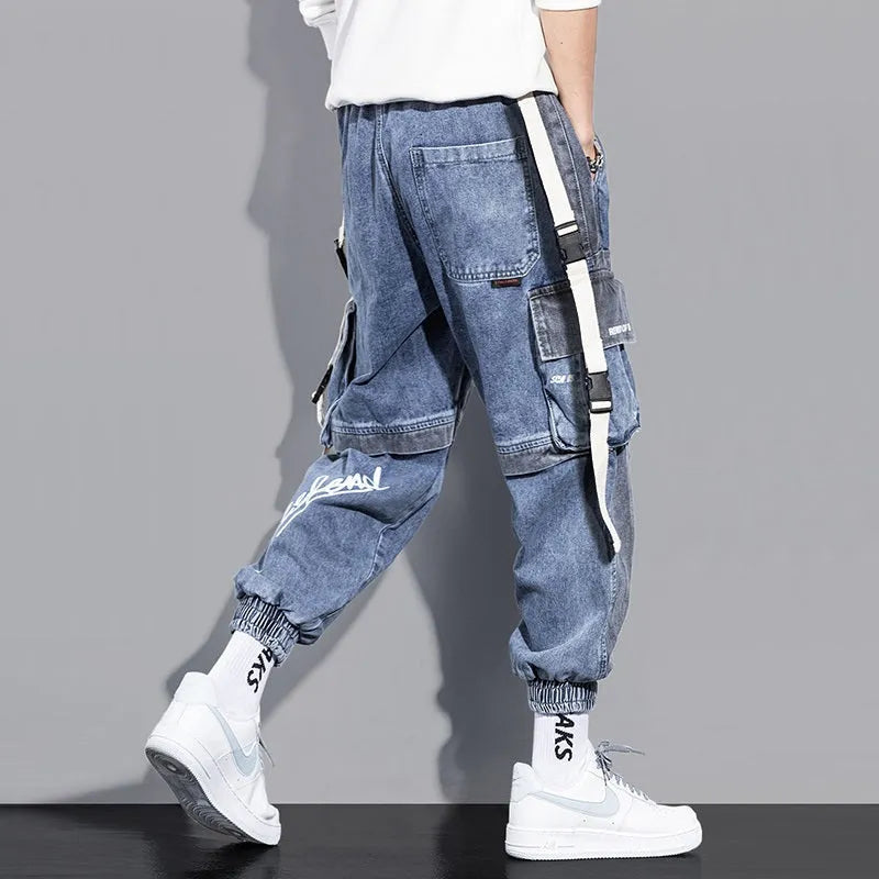 Men's loose hip-hop workwear jeans in gray blue, 99% polyester, size 2XL shown