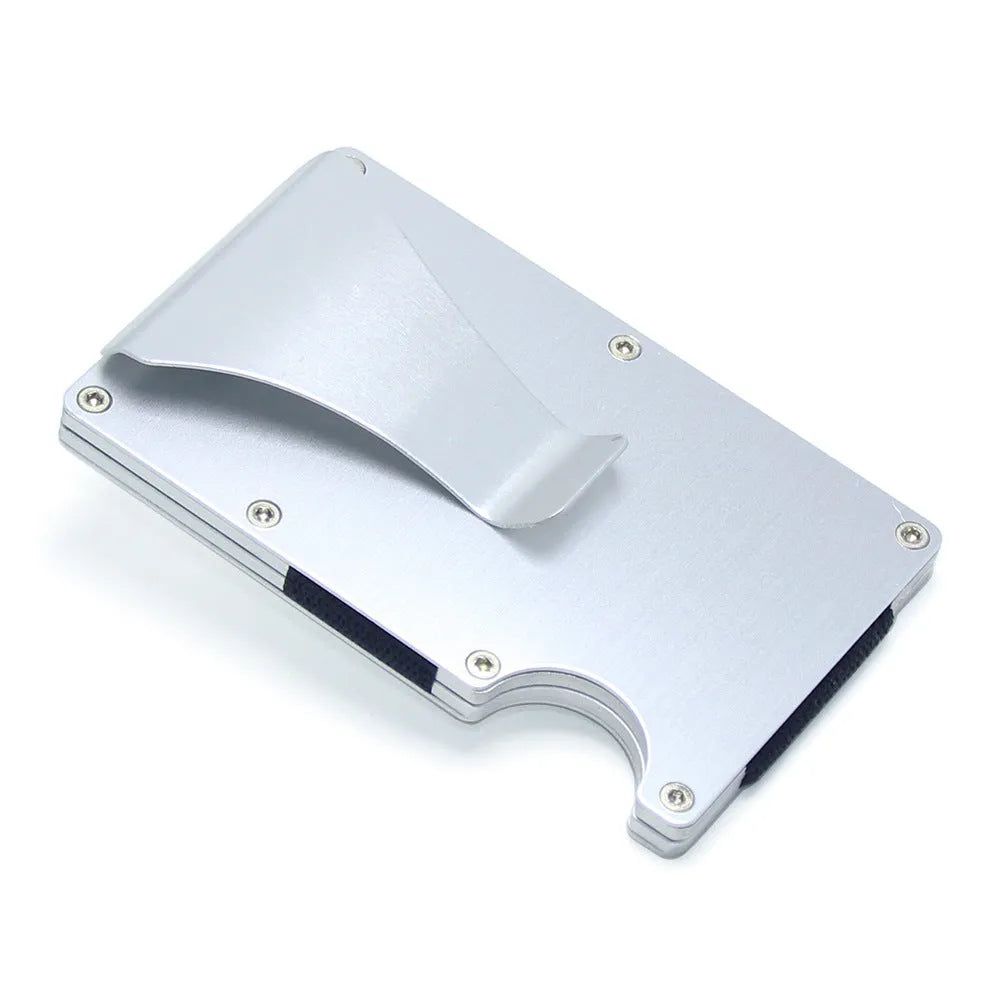 Slim geometry card holder wallet in carbon fibre or aluminium, holds six to fifteen cards, 8mm thick