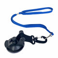 Finished pet bathing restraint with suction cups and traction rope on a blue background.