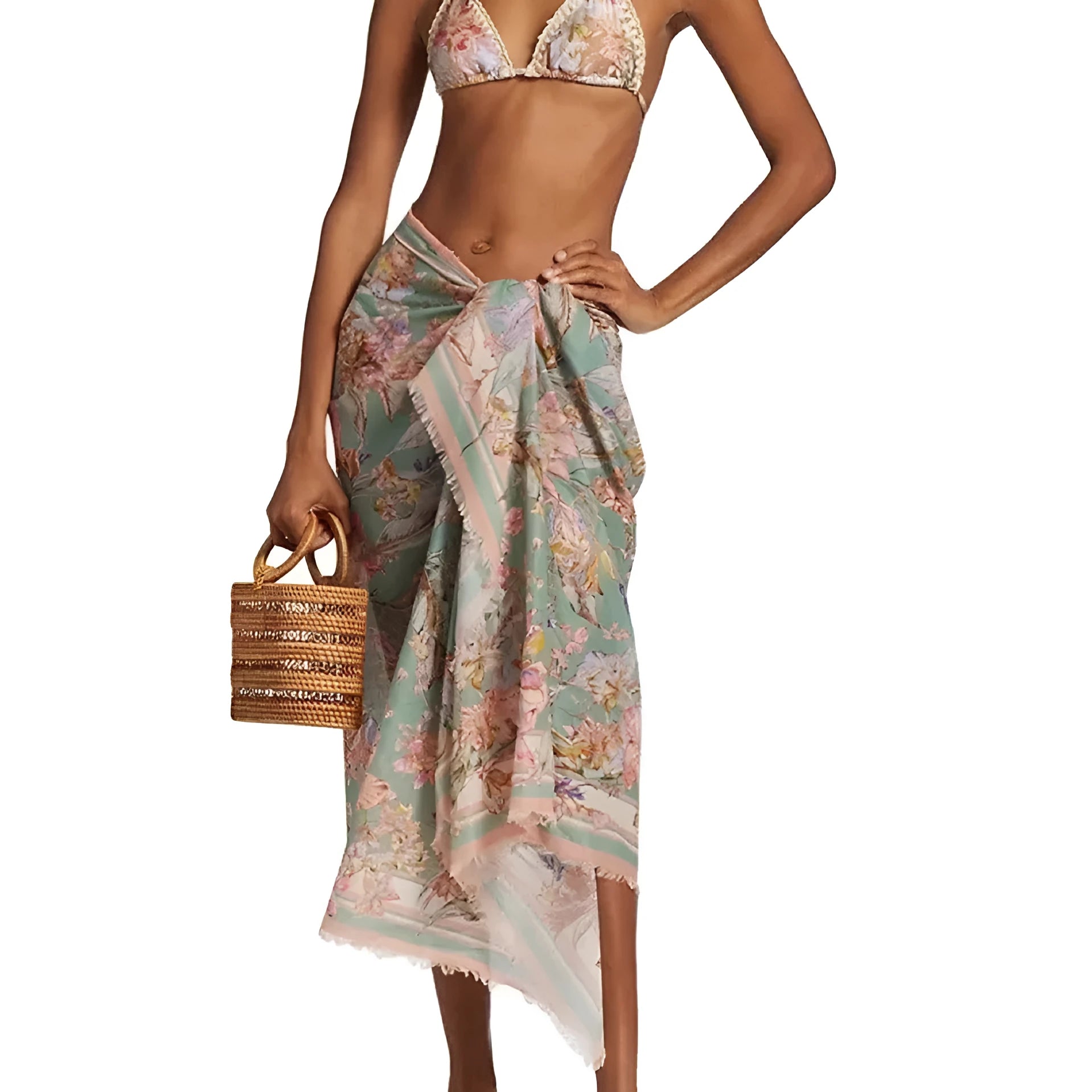 Women's floral pattern bikini set with top, briefs, and skirt in creamy-white colour