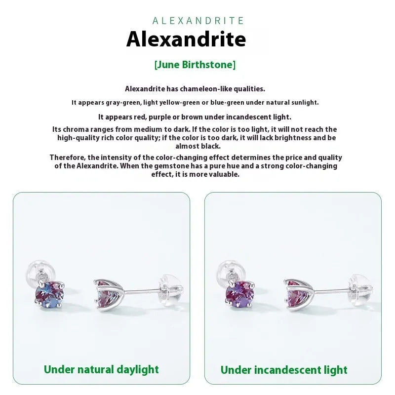 925 silver ear studs with round cultivated alexandrite stone geometric design
