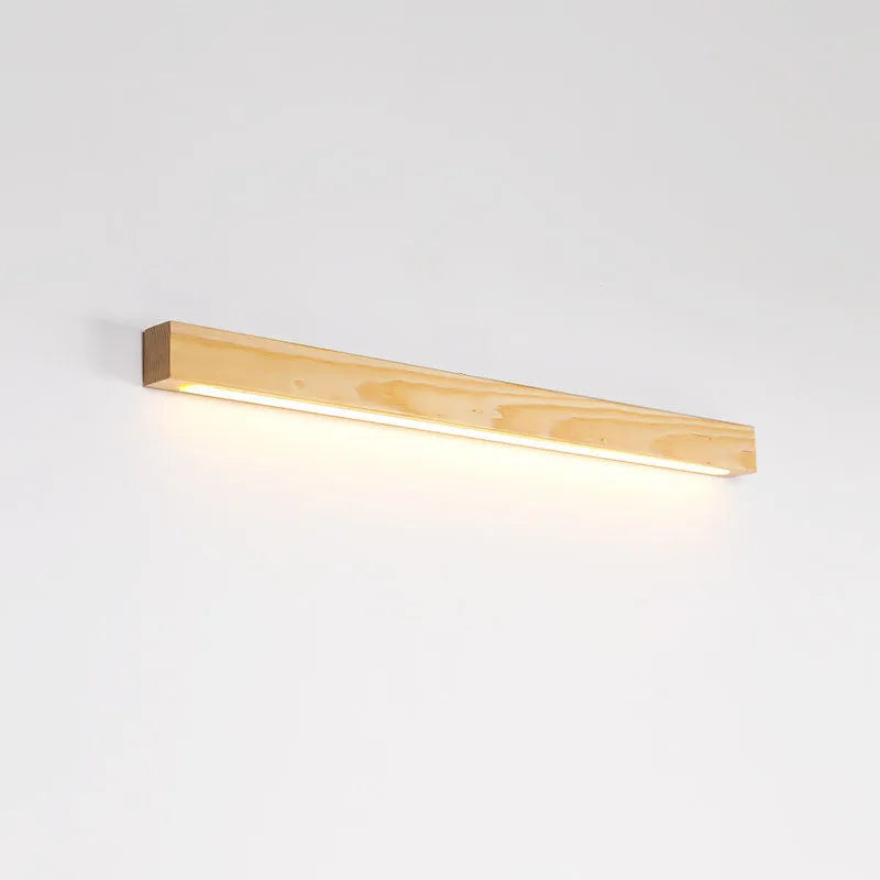 Walnut-coloured long wooden log strip wall lamp with LED lighting in a minimalist design.