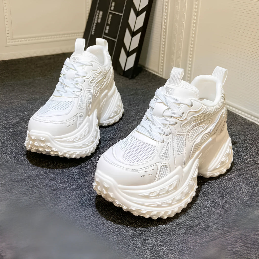 Women's white height increasing dad shoes with lace-up closure and round toe