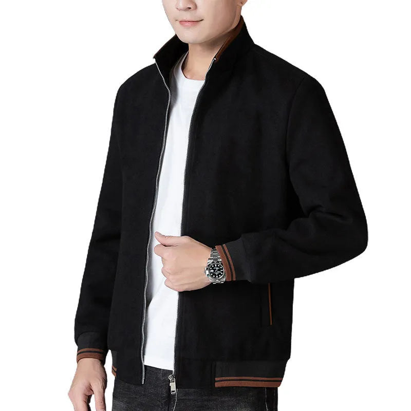 Men's grey polyester fleece jacket with zip pockets and long sleeves, shown on a hanger.