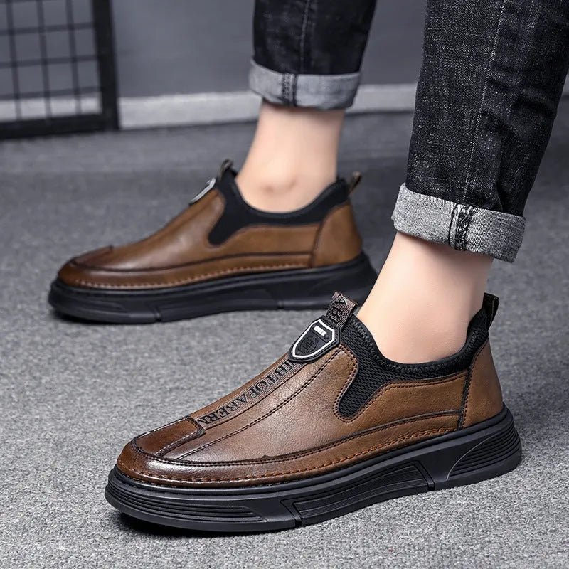 Men's black and brown leather casual shoes with round toe design showing front and side views