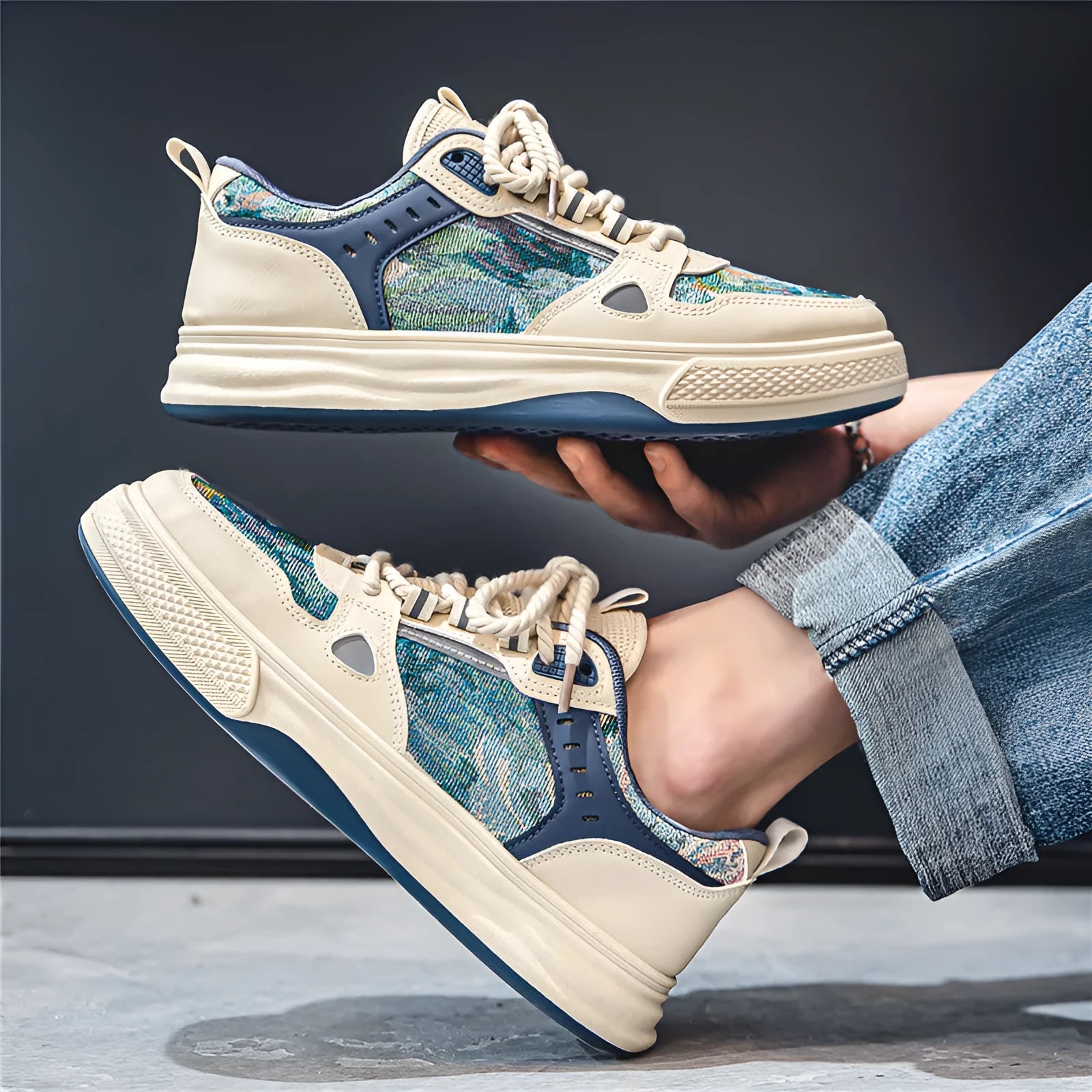 Canvas casual shoes in Milan green and beige colours with round toe and flat heel design