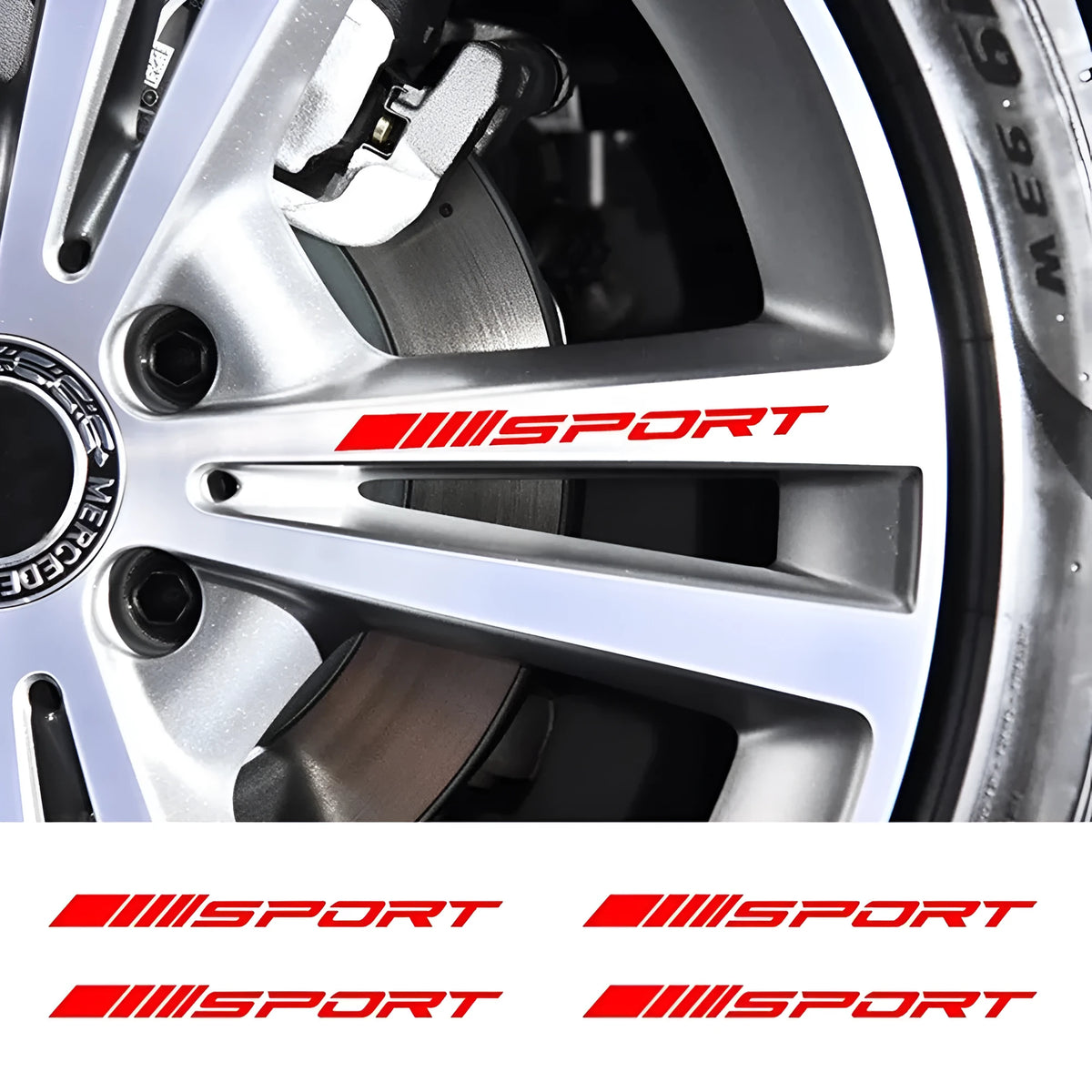 Red hollow pattern car rim sticker shown on alloy wheel, with black and white colour options displayed.