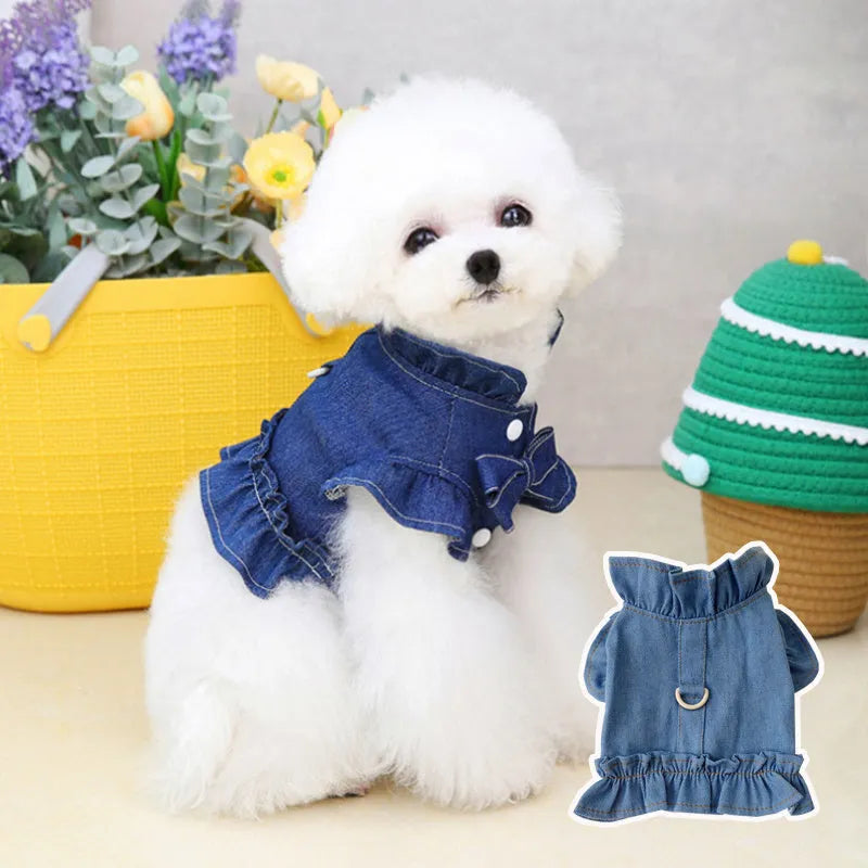 Blue denim dog dress with ruffles and back leash hook pet harness