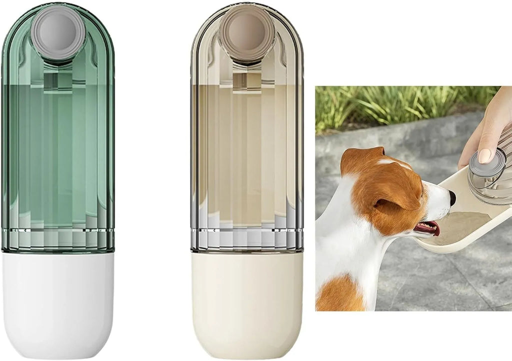 Beige or green foldable dog water bottle and food dispenser for outdoor walking and hiking