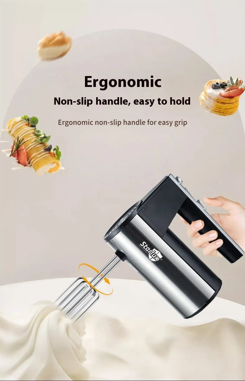 SL-25209 model silver household electric handheld mixer with beaters on a kitchen counter.