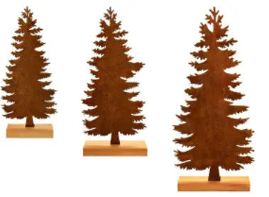 Set of three rustic metal Christmas tree ornaments with integrated elk designs, iron construction, antiqued finish.