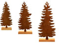Set of three rustic metal Christmas tree ornaments with integrated elk designs, iron construction, antiqued finish.