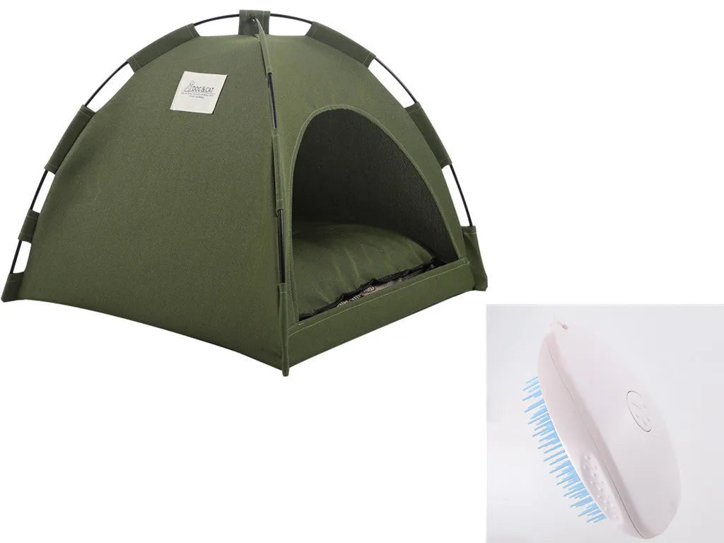 Pet tent cooling mat bed with cushion for dog or cat, military green, portable travel pet bed in L size