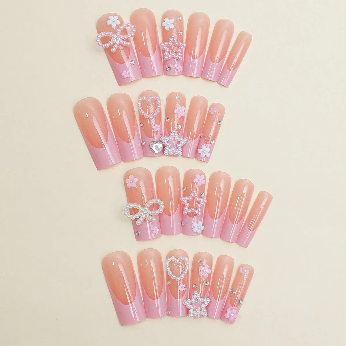 Long water pipe French artificial nails with spot drill and bow decorations in XB-70-48 colour