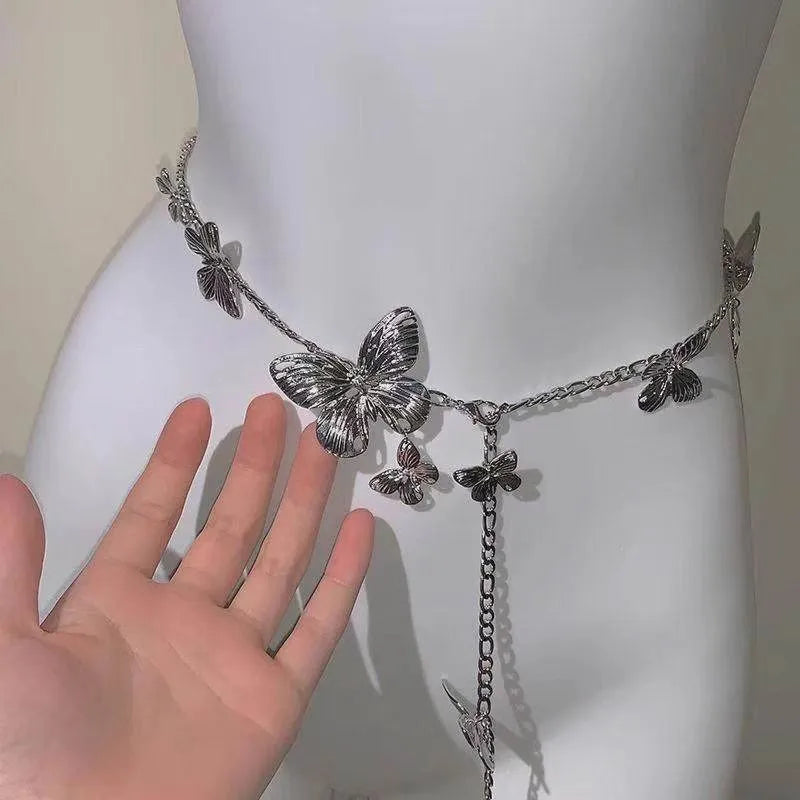 Women's alloy waist chain with butterfly charm in gold or silver colour, 104cm length
