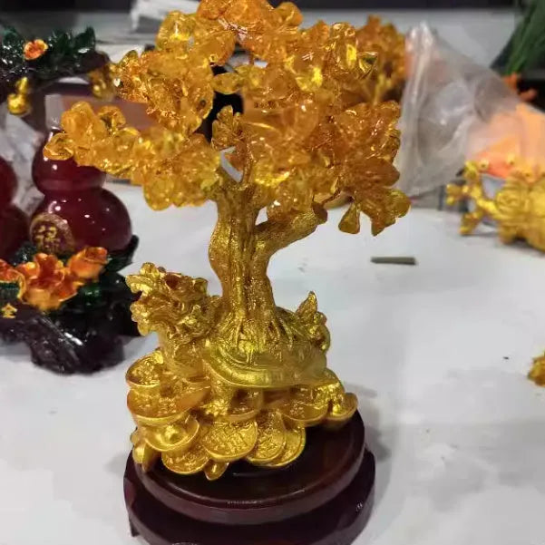 Citrine small water turtle money tree Feng Shui ornament with resin construction