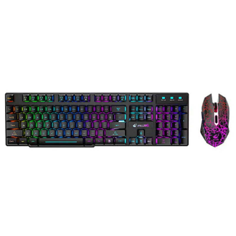 T3 wireless keyboard and mouse set with charging station showing backlit rainbow keys and photoelectric mouse