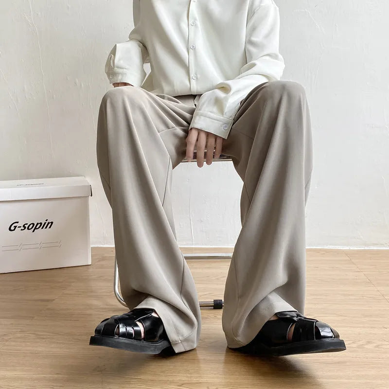 Men's loose straight casual trousers in solid white, black, or light grey polyester, sizes M to 2XL