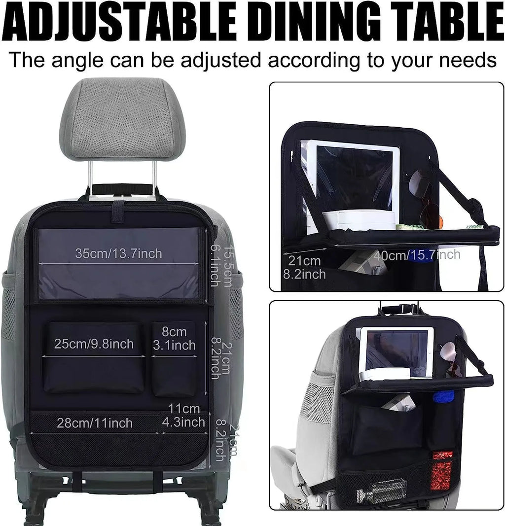 Black Oxford cloth car seat storage bag hanging on headrest with 42x30cm dimensions