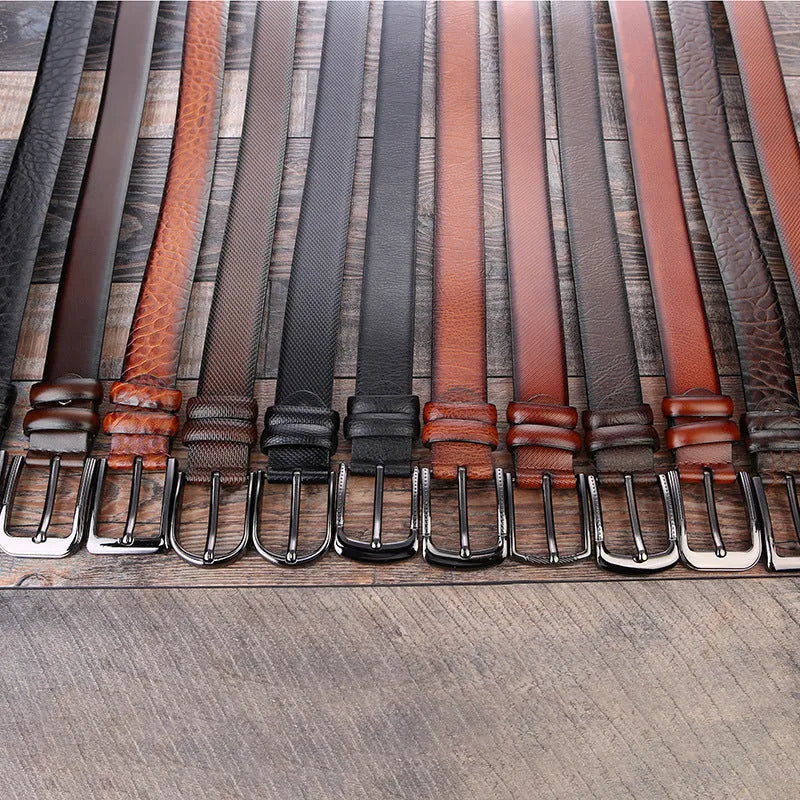 Men's black business belt with alloy pin buckle showing a laser-etched elephant pattern design.