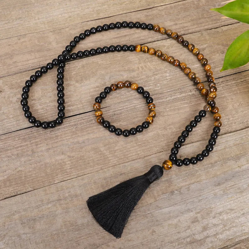 Tiger eye stone tassel necklace bracelet with adjustable 81cm circumference and drop shape pendant