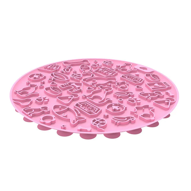 Round blue silicone pet licking mat with textured surface and white suction cup base