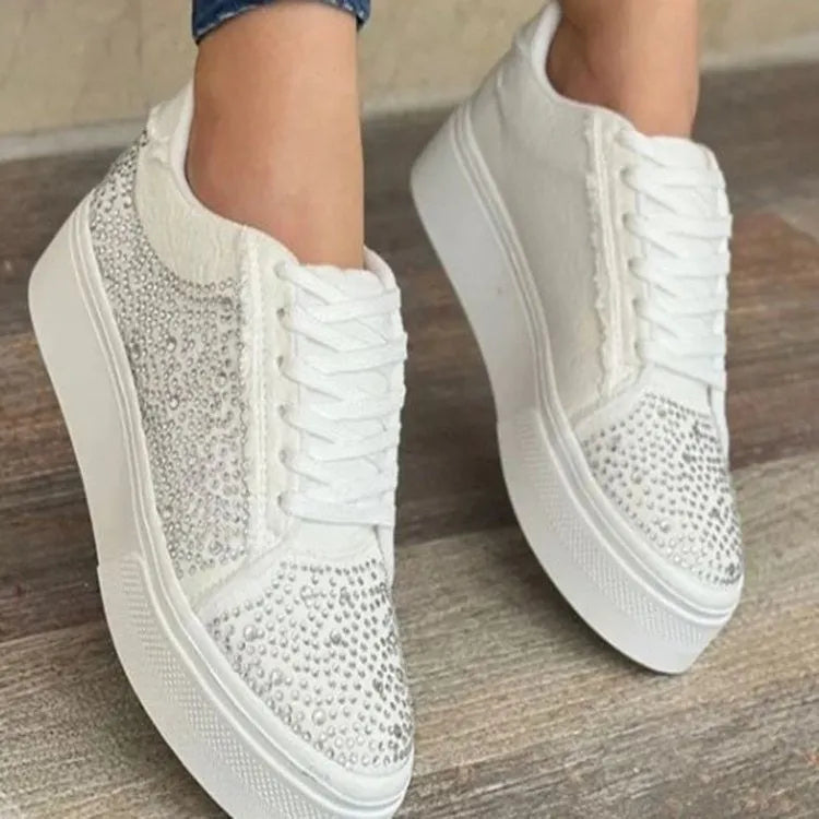 Plus size women's black casual shoes with rhinestones, thick rubber soles and lace-up front