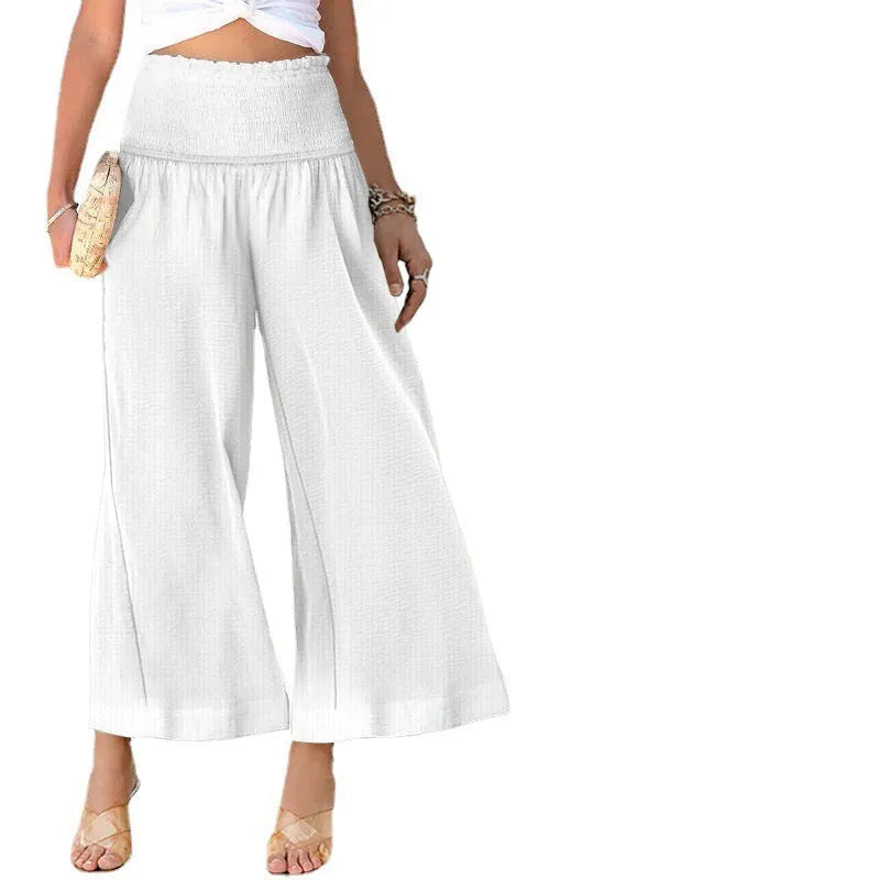 Women's high waist trousers in cotton linen blend with pleating details and straight-leg cropped silhouette