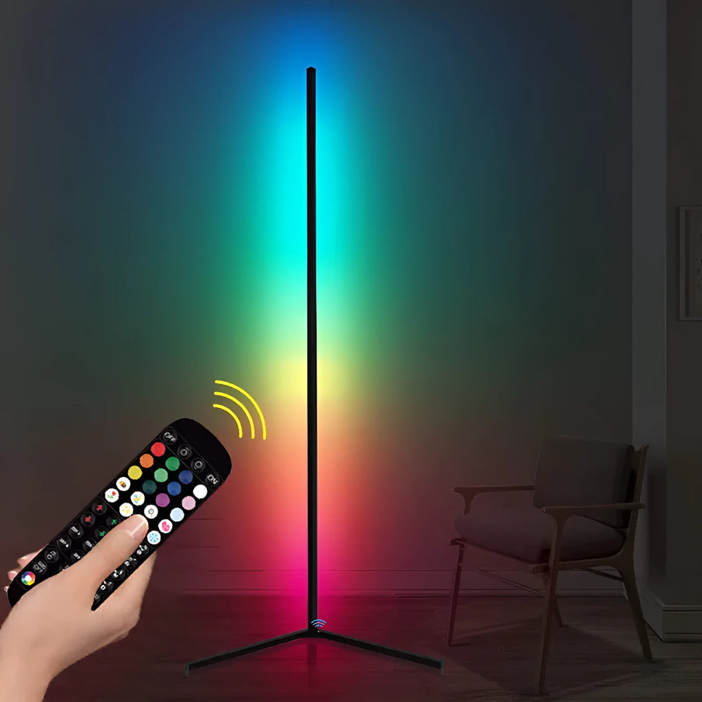 Black RGB atmosphere floor lamp with silicone shade and aluminum alloy body featuring music sync LED lighting