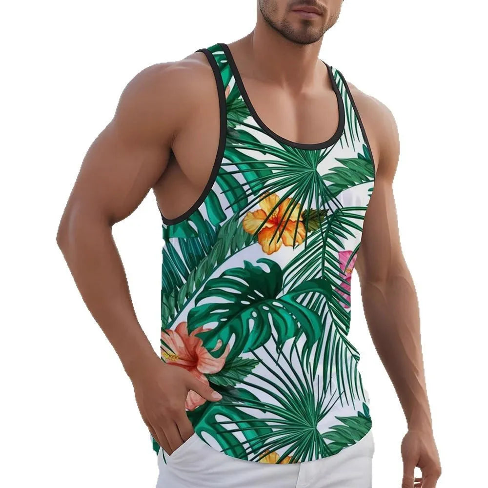 Men's 3D printed Hawaiian style sleeveless vest in solid colour polyester fabric