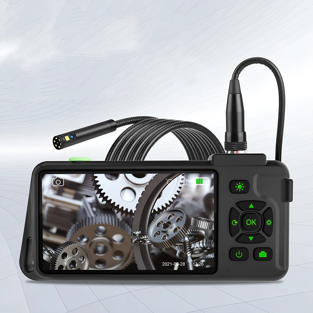 Handheld industrial endoscope with 4.5-inch screen showing automotive inspection on 5.5mm probe