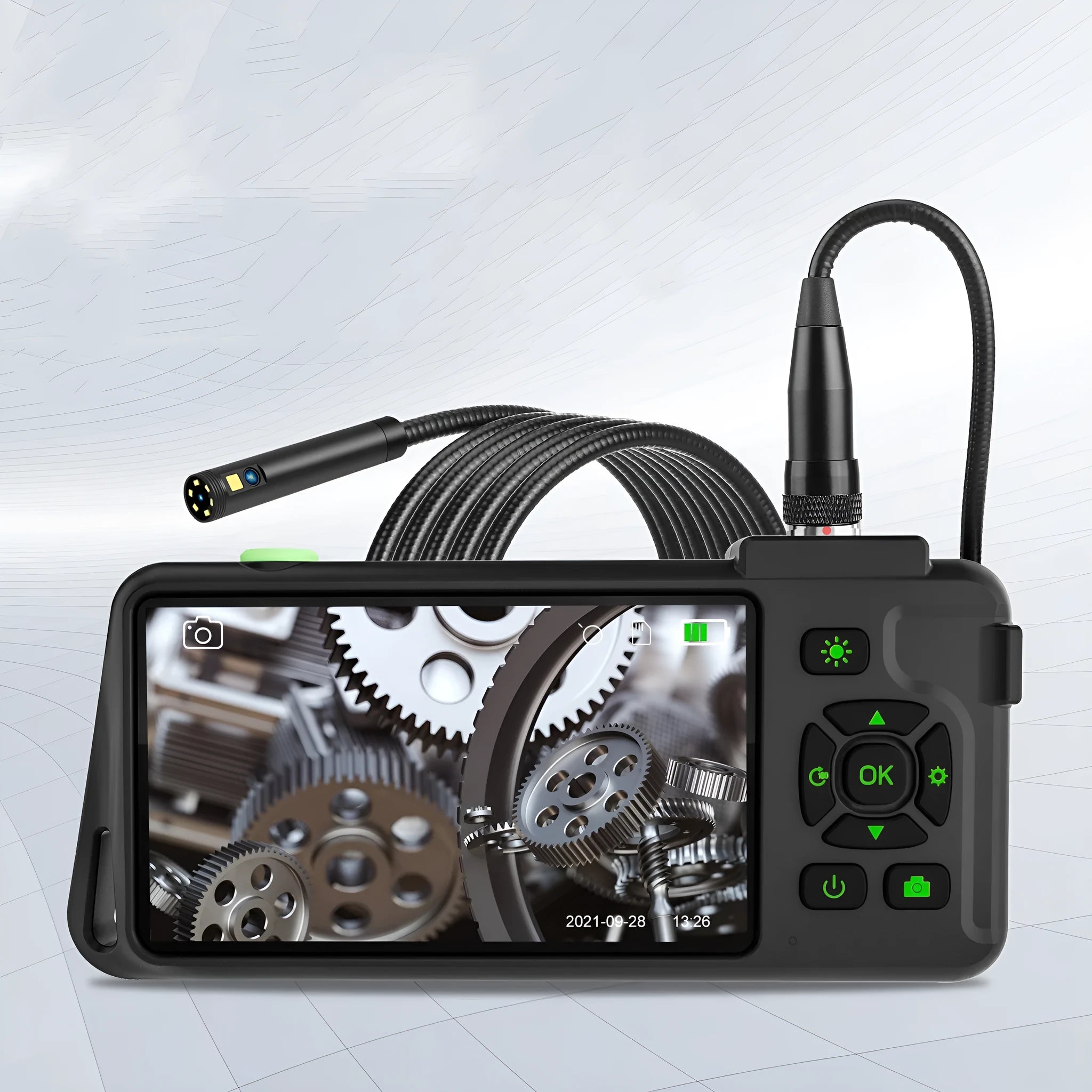 Handheld industrial endoscope with 4.5-inch screen showing automotive inspection on 5.5mm probe